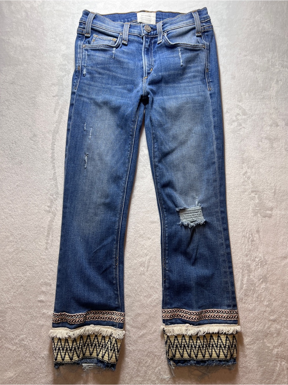 McGuire Ambrosio Embroidered Boho Cropped Bootcut Raw Hem Blue Jeans Size 25